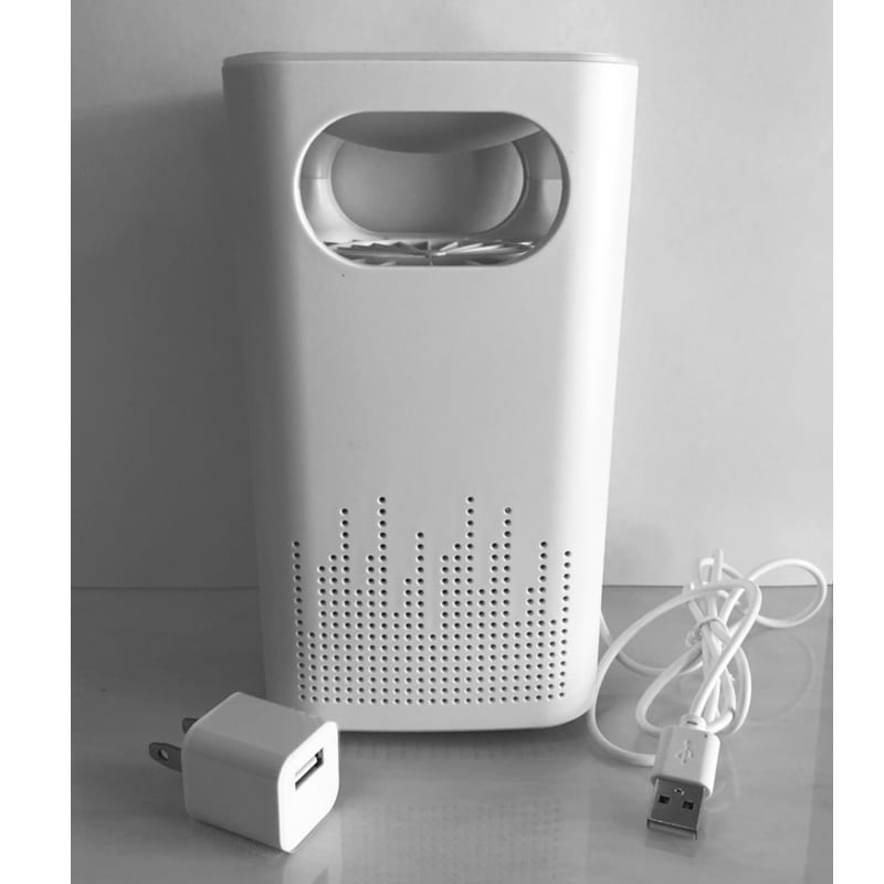White indoor mosquito trap with USB cable and wall adapter plug